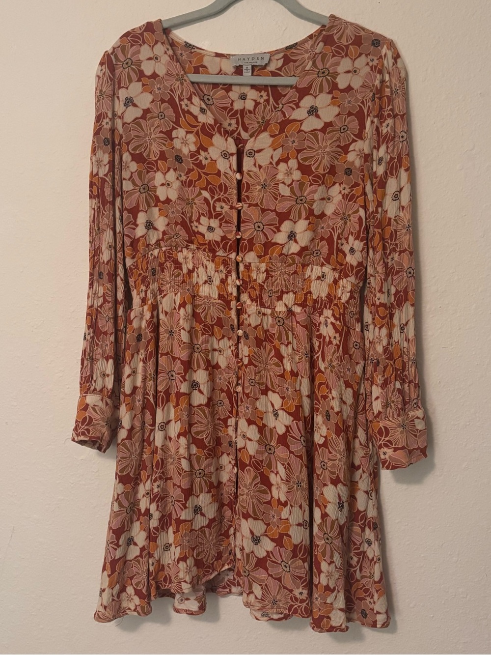 Hayden Rust & Cream Floral Button-Front Long-Sleeve Mini Dress